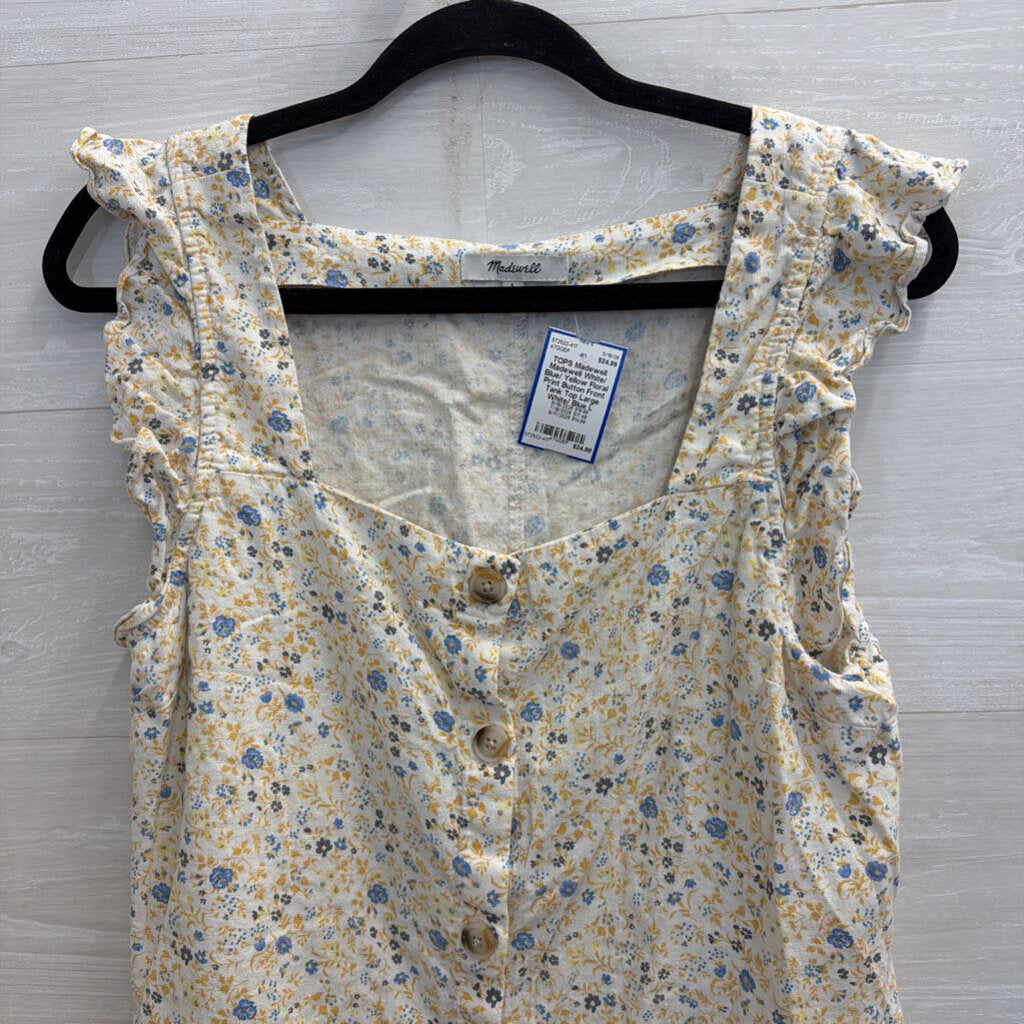 Madewell White/ Blue/ Yellow Floral Print Button Front Tank Top Large