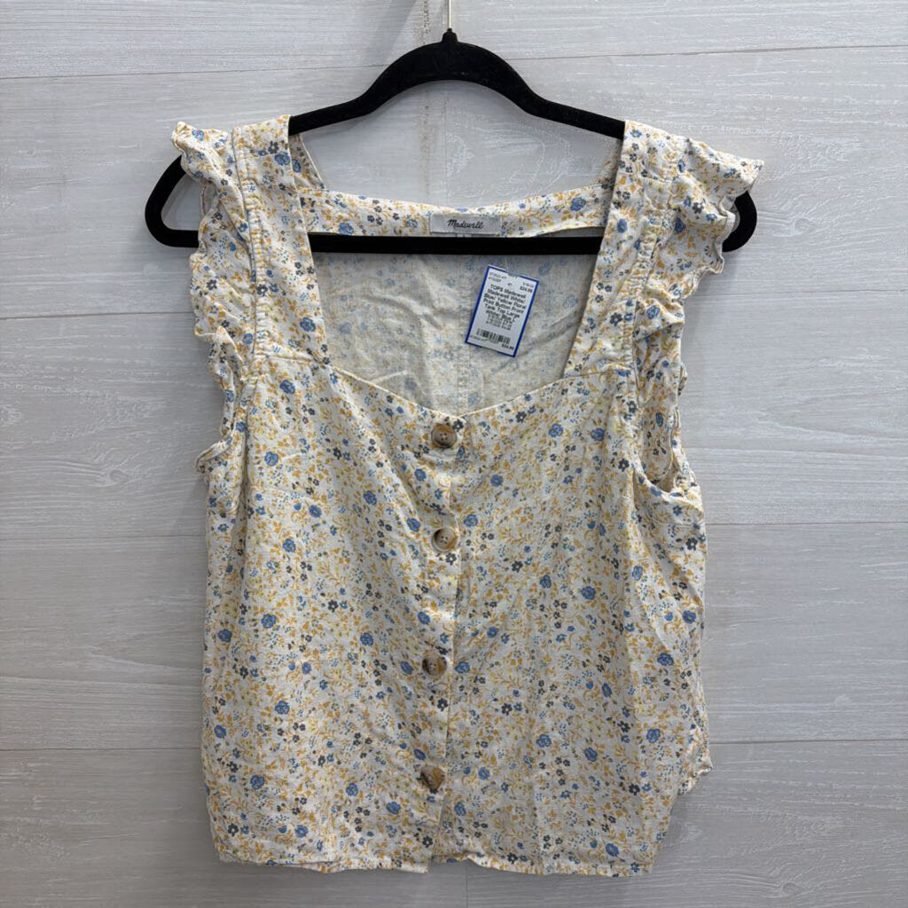 Madewell White/ Blue/ Yellow Floral Print Button Front Tank Top Large