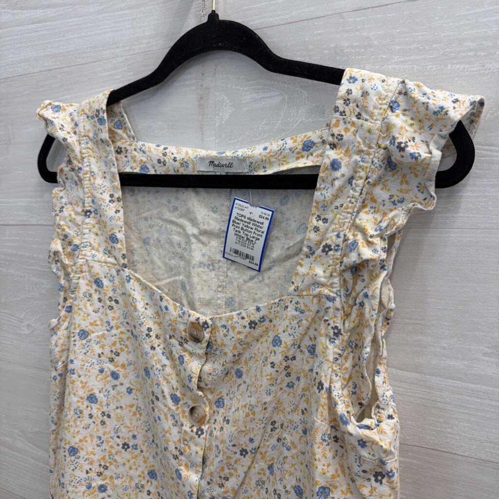 Madewell White/ Blue/ Yellow Floral Print Button Front Tank Top Large