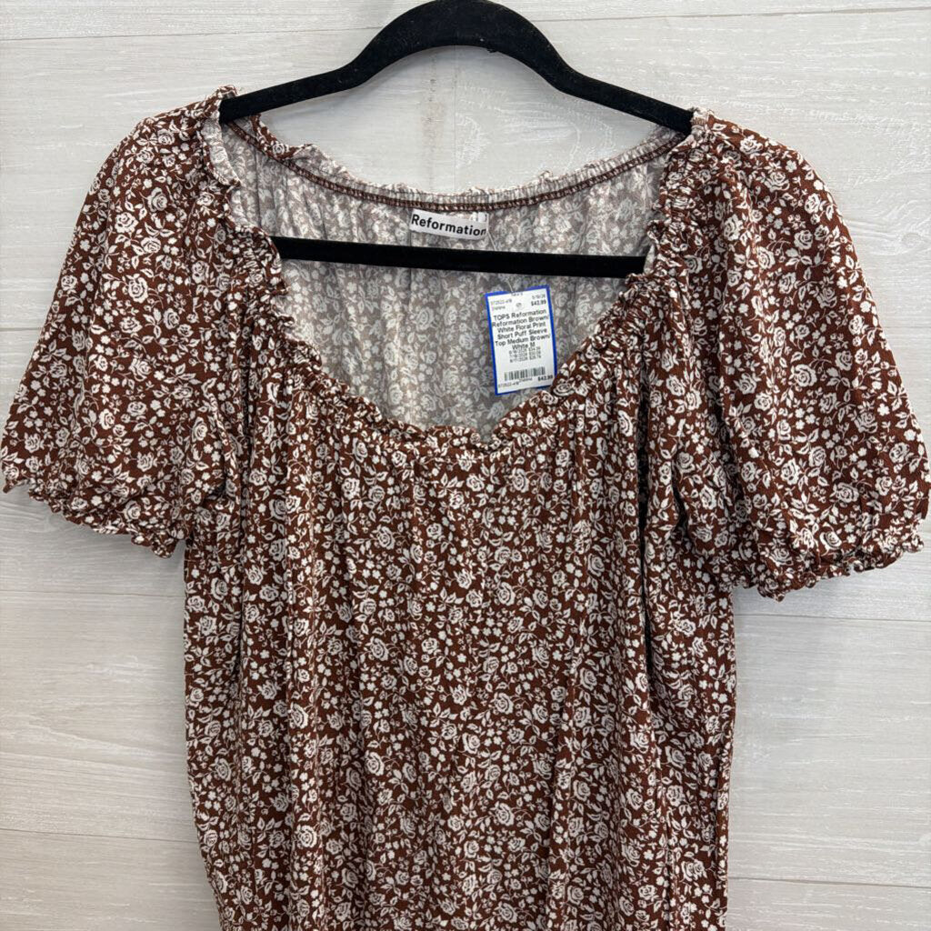 Reformation Brown/ White Floral Print Short Puff Sleeve Top Medium