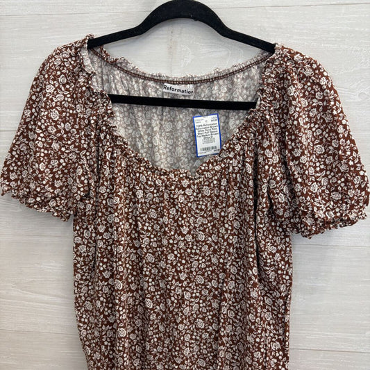 Reformation Brown/ White Floral Print Short Puff Sleeve Top Medium
