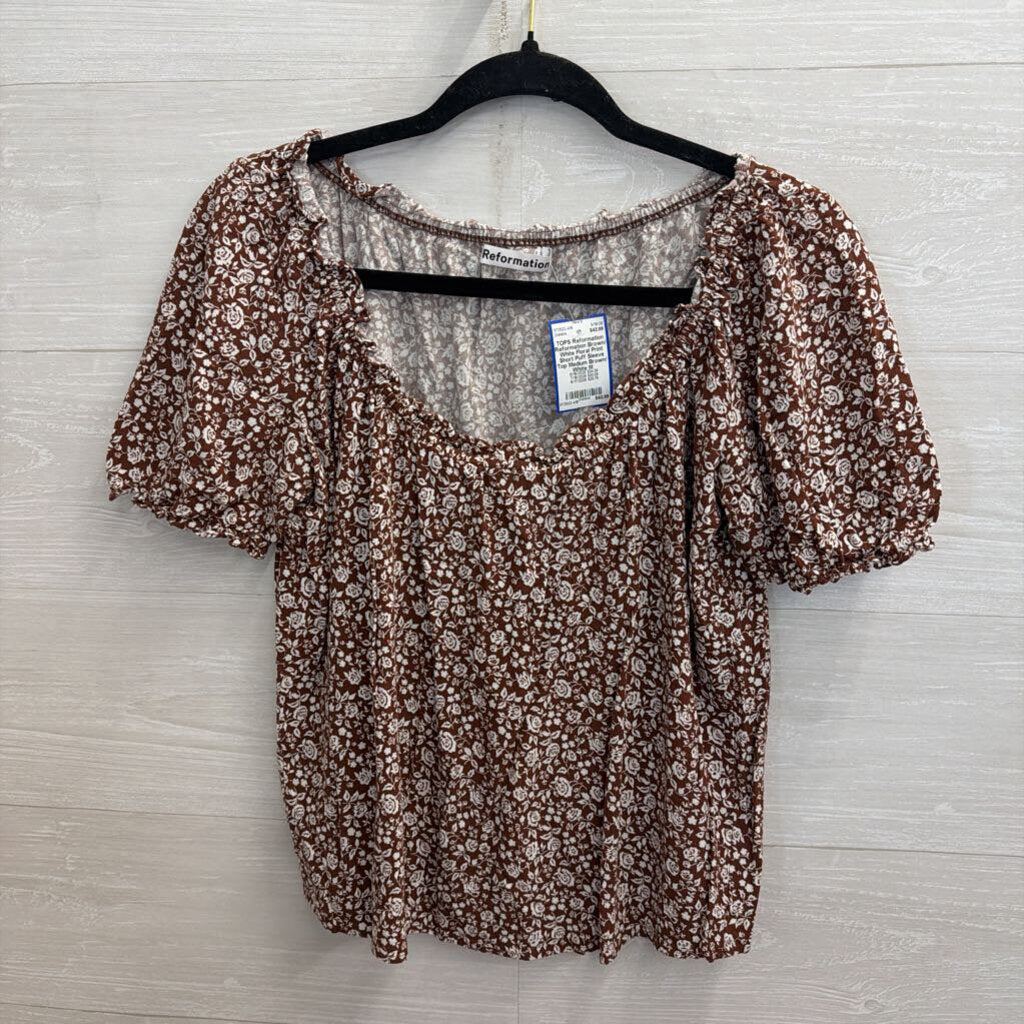 Reformation Brown/ White Floral Print Short Puff Sleeve Top Medium