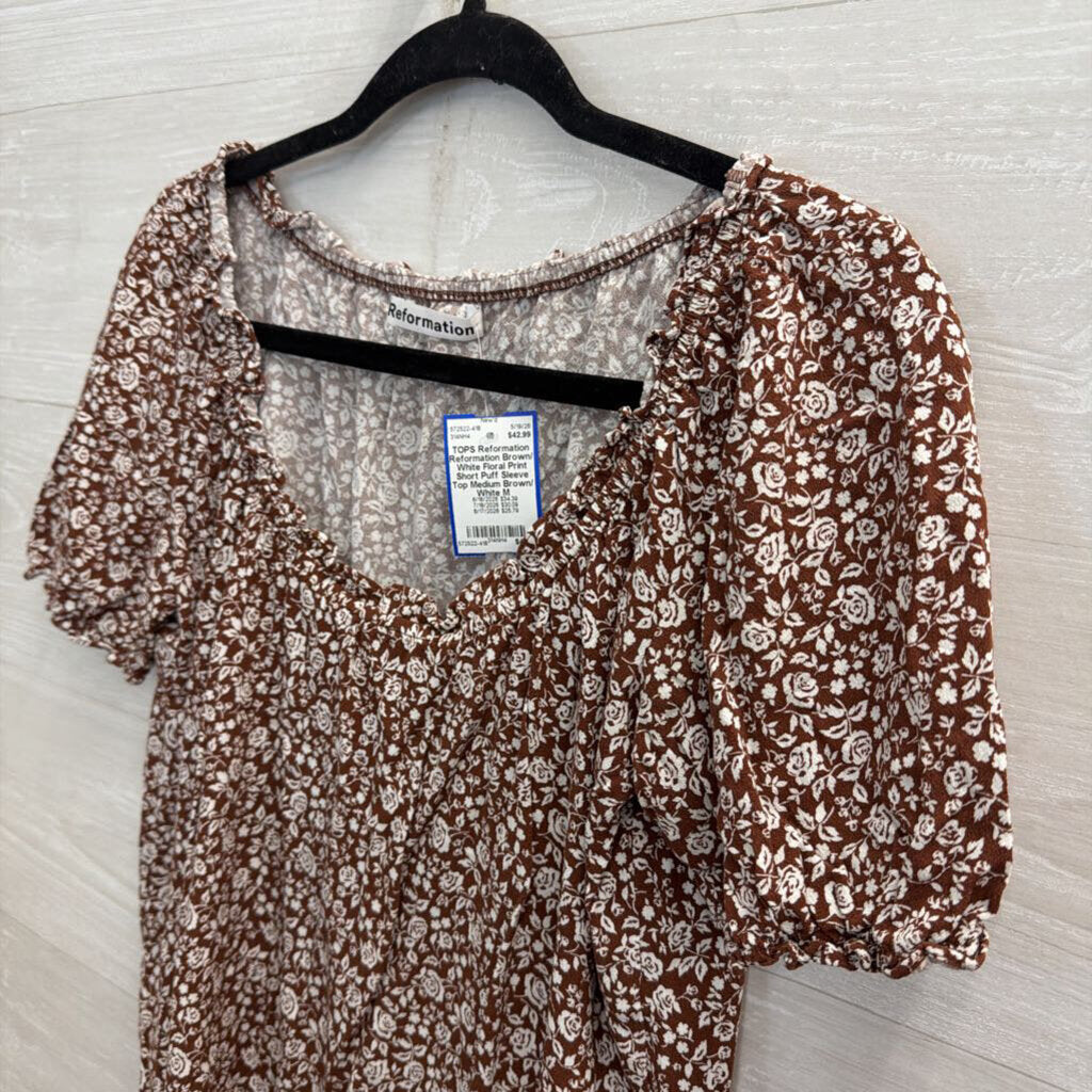 Reformation Brown/ White Floral Print Short Puff Sleeve Top Medium