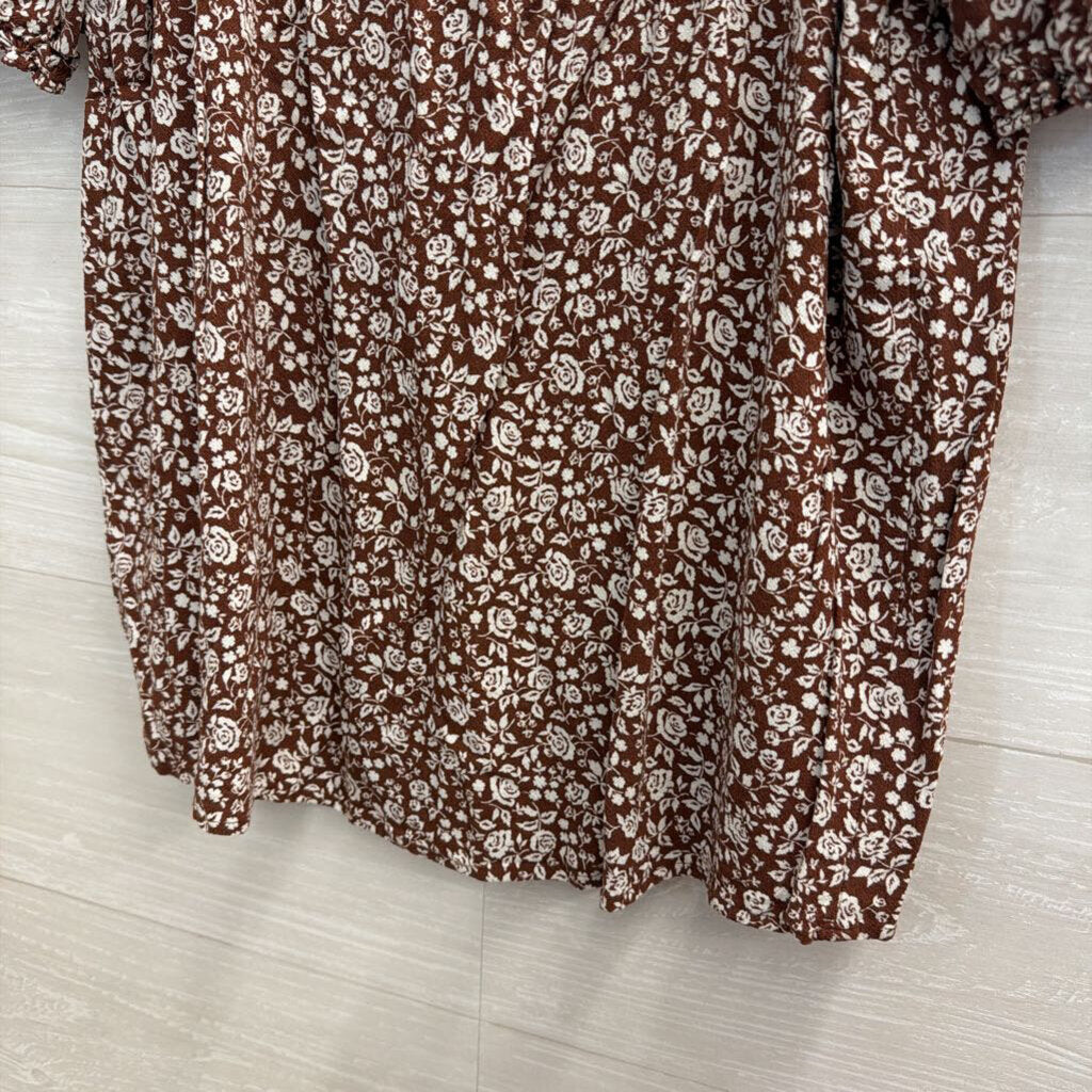 Reformation Brown/ White Floral Print Short Puff Sleeve Top Medium