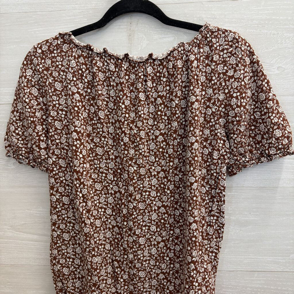 Reformation Brown/ White Floral Print Short Puff Sleeve Top Medium