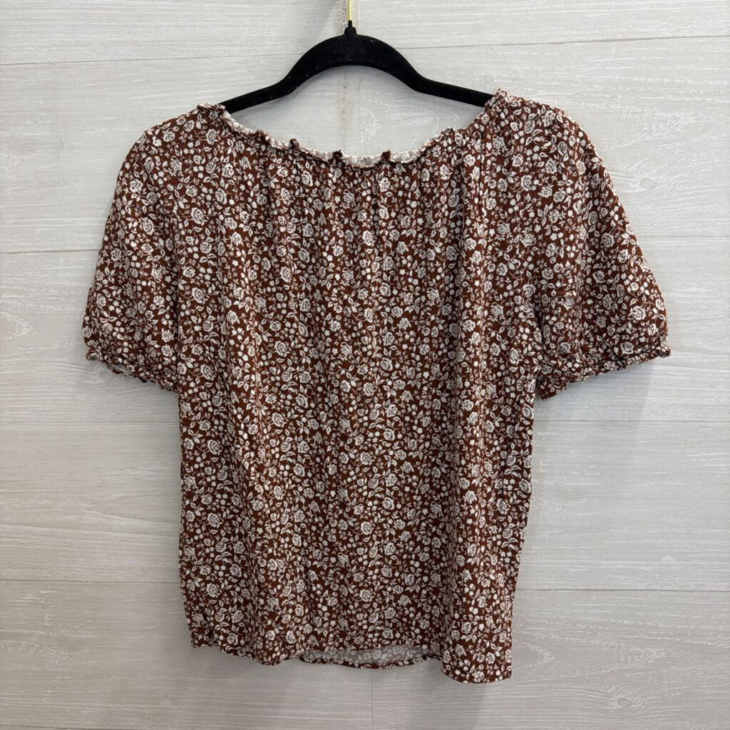 Reformation Brown/ White Floral Print Short Puff Sleeve Top Medium