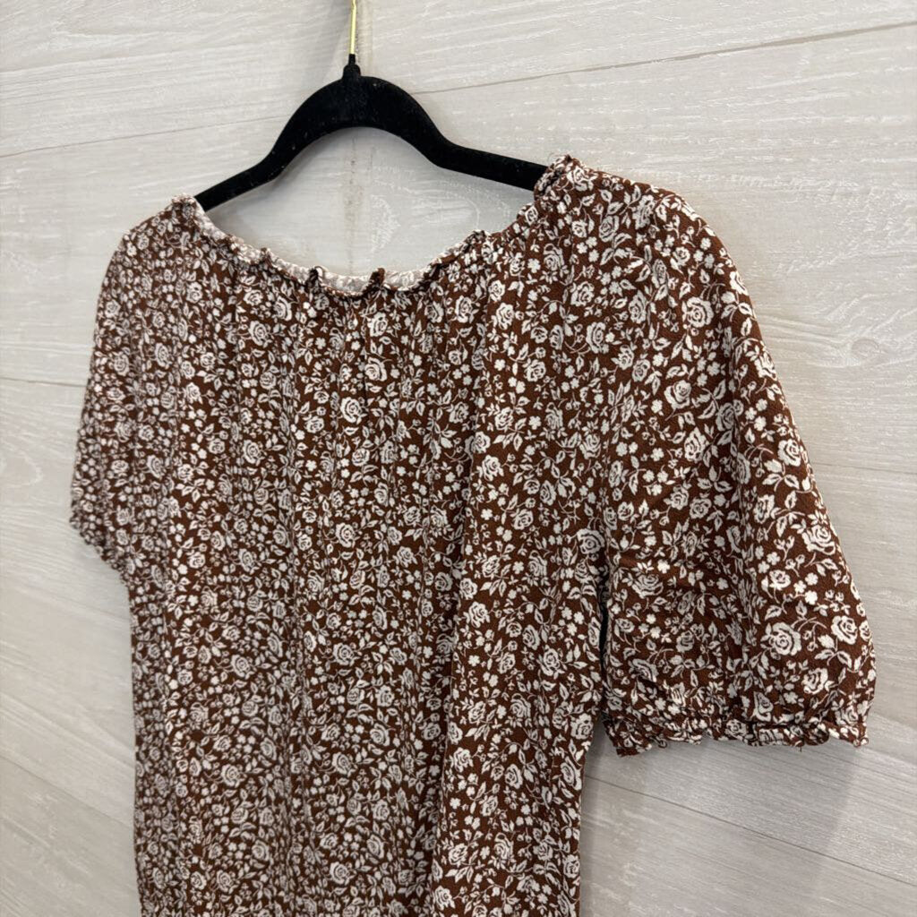 Reformation Brown/ White Floral Print Short Puff Sleeve Top Medium