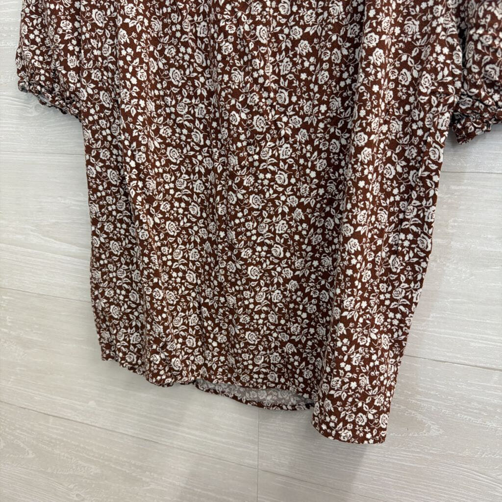Reformation Brown/ White Floral Print Short Puff Sleeve Top Medium