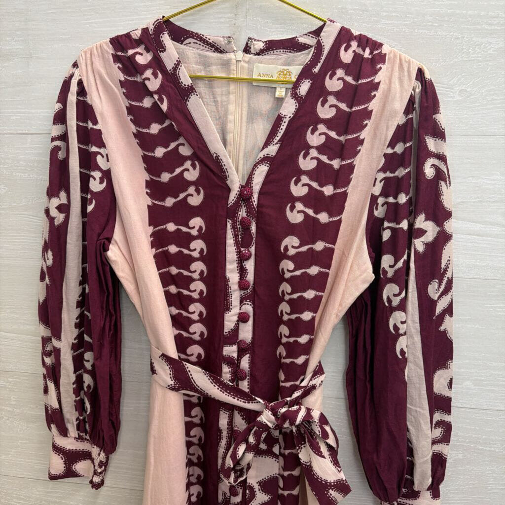 Anna Cate Pink/ Purple Print Long Sleeve Tie Waist Button Front Dress Large