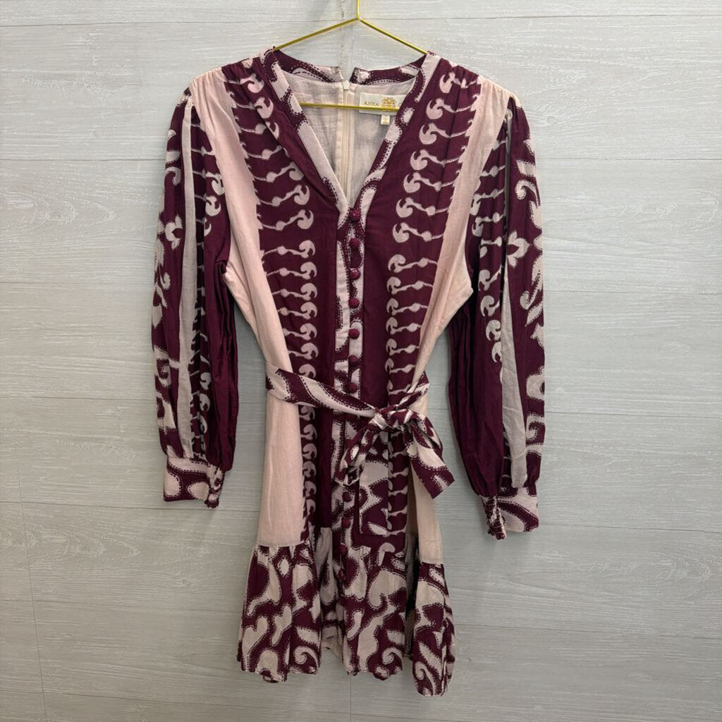 Anna Cate Pink/ Purple Print Long Sleeve Tie Waist Button Front Dress Large