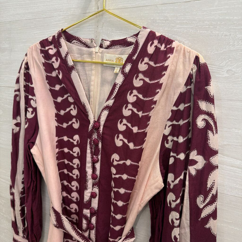 Anna Cate Pink/ Purple Print Long Sleeve Tie Waist Button Front Dress Large