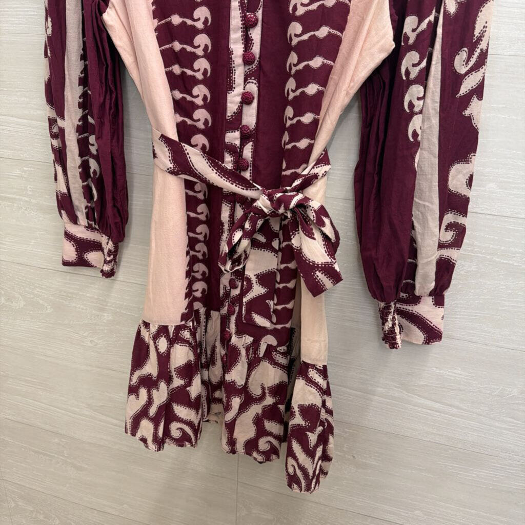 Anna Cate Pink/ Purple Print Long Sleeve Tie Waist Button Front Dress Large