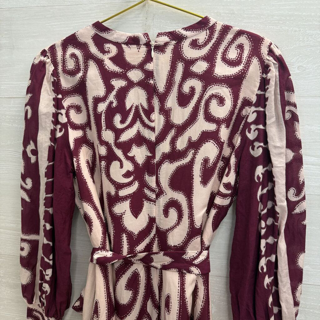 Anna Cate Pink/ Purple Print Long Sleeve Tie Waist Button Front Dress Large