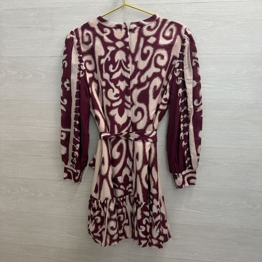 Anna Cate Pink/ Purple Print Long Sleeve Tie Waist Button Front Dress Large