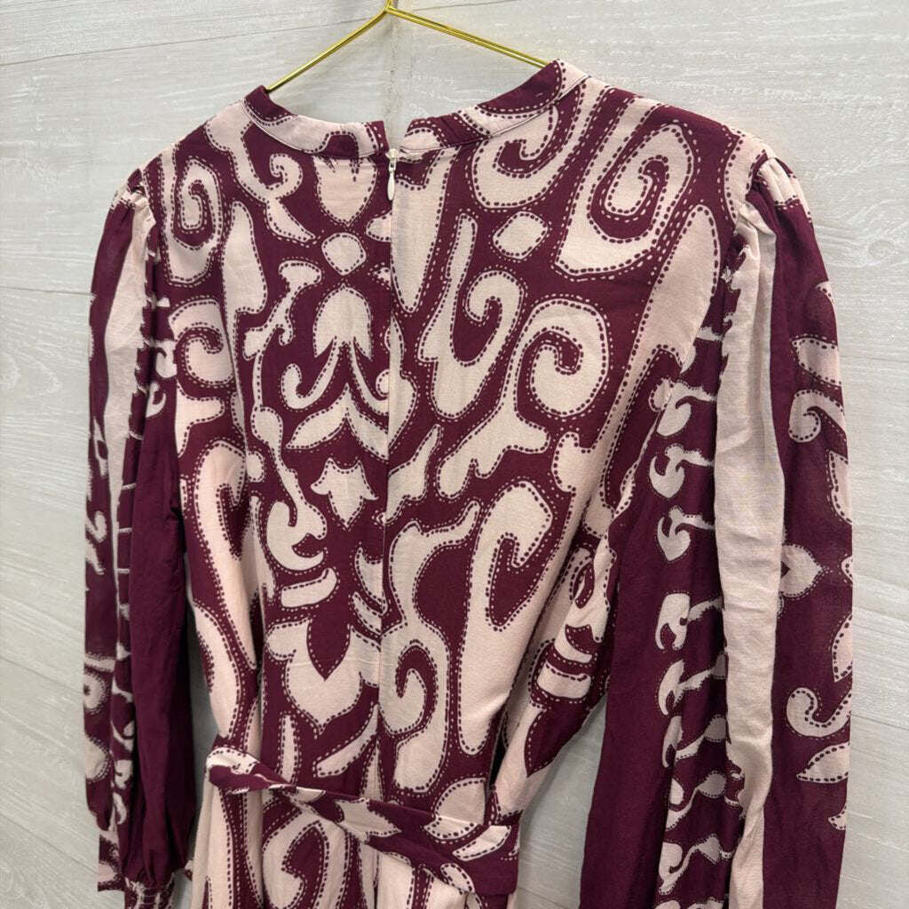 Anna Cate Pink/ Purple Print Long Sleeve Tie Waist Button Front Dress Large