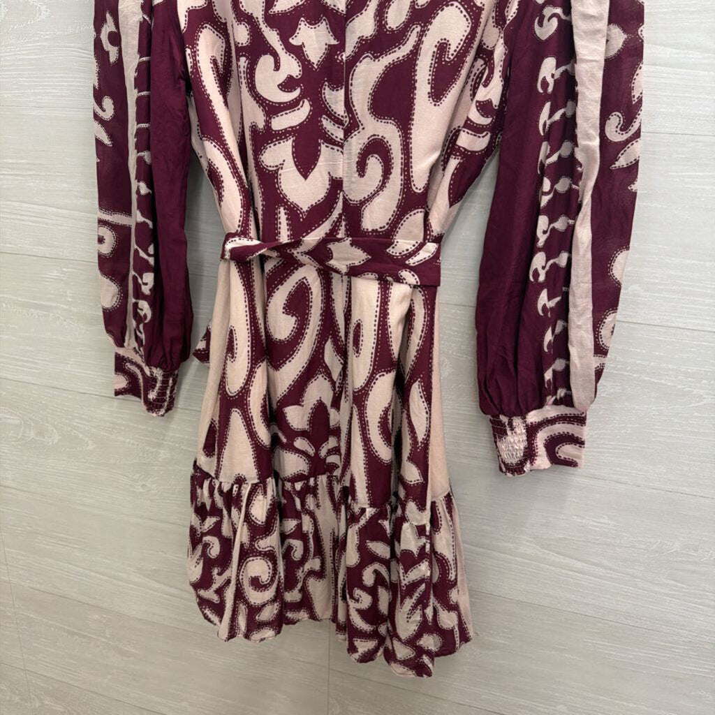 Anna Cate Pink/ Purple Print Long Sleeve Tie Waist Button Front Dress Large