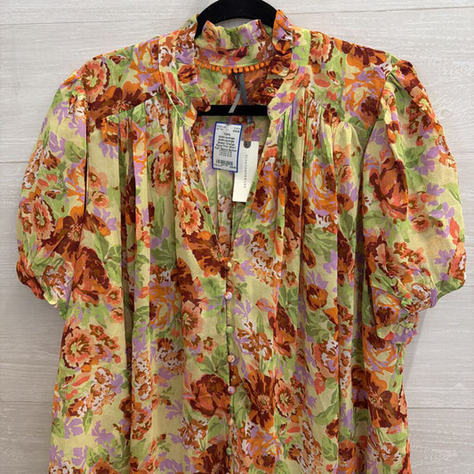 Anthropologie Green/ Orange Floral Print Short Puff Sleeve Button Front Top Large