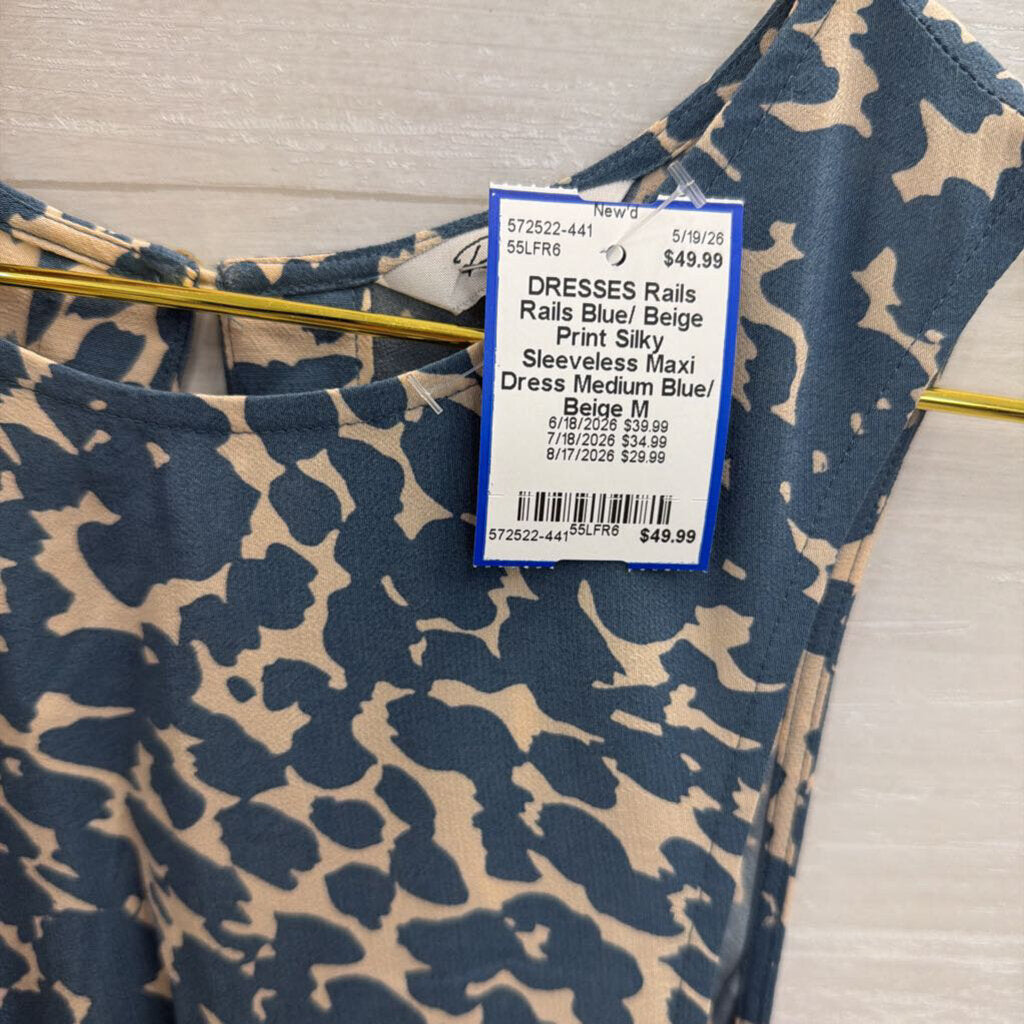 Rails Blue/ Beige Print Silky Sleeveless Maxi Dress Medium