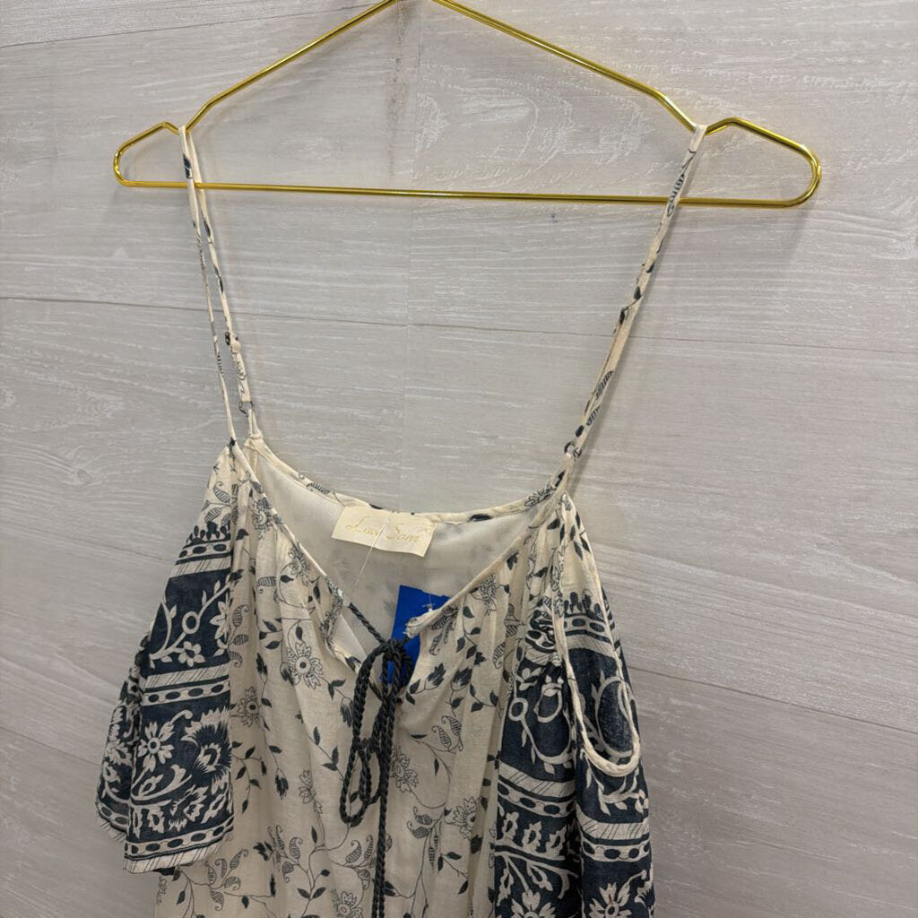 Love Sam White/ Blue Print Off Shoulder Dress Extra Small