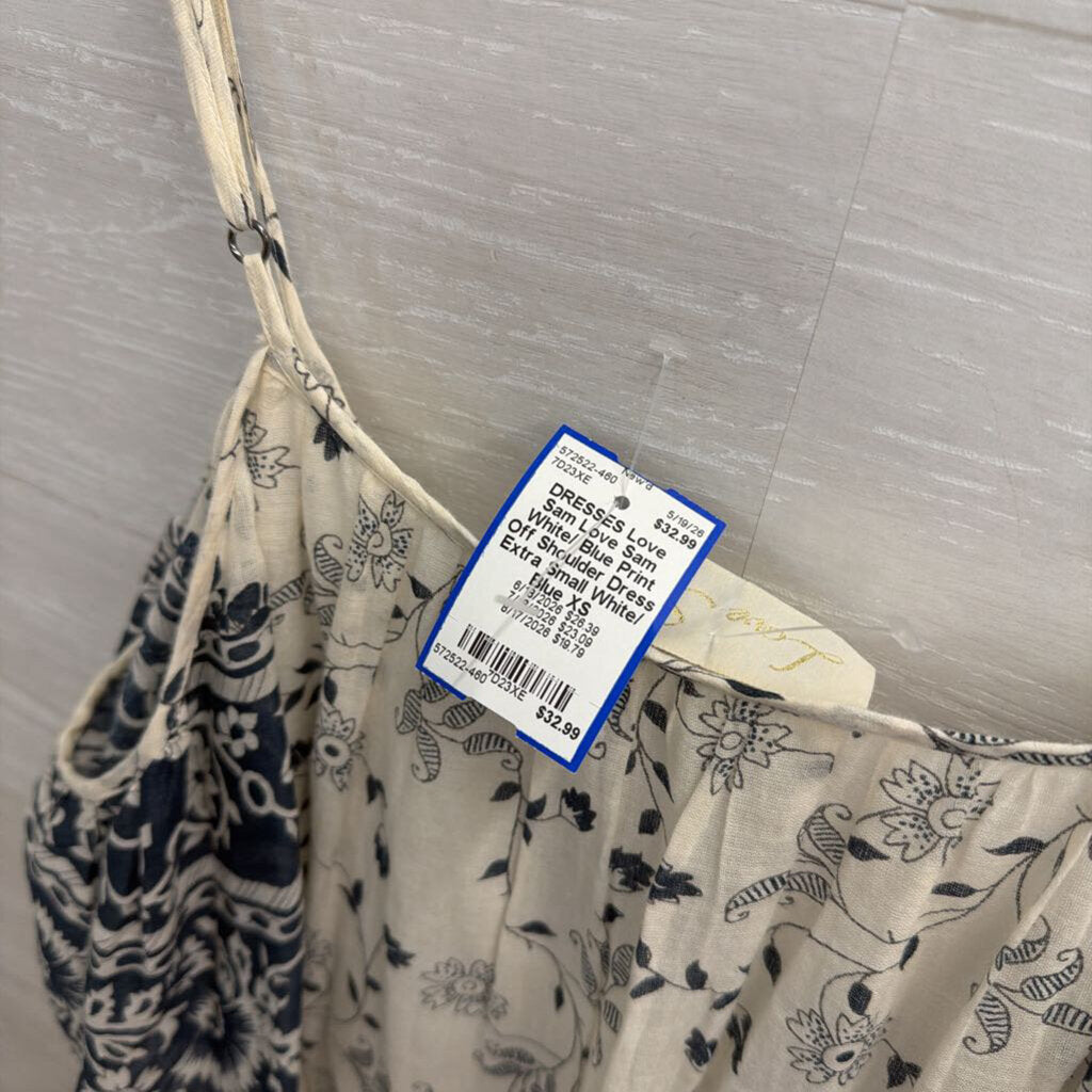 Love Sam White/ Blue Print Off Shoulder Dress Extra Small