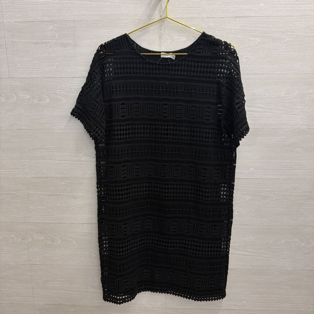 Vince Black Crochet Lace Short Sleeve Shift Dress 6