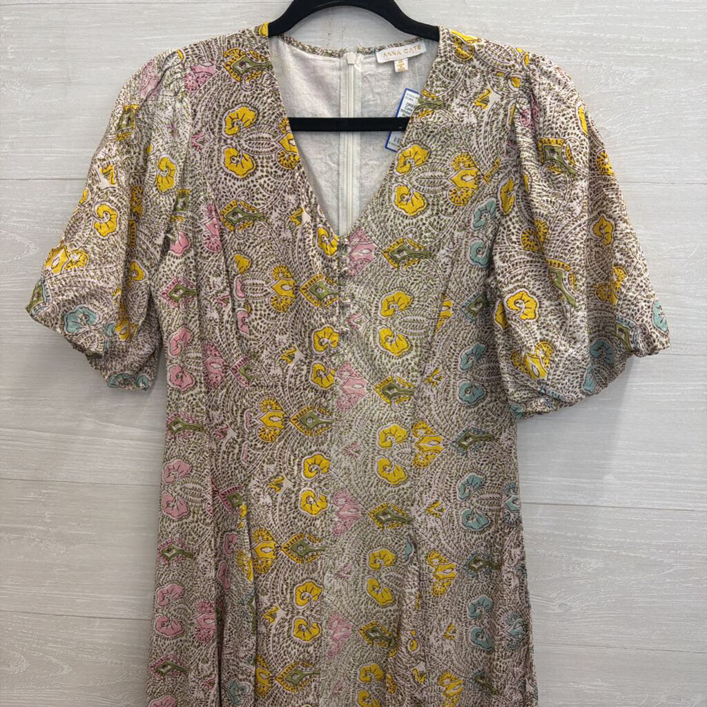 Anna Cate White/ Brown/ Multi Print Short Puff Sleeve Maxi Dress Extra Small