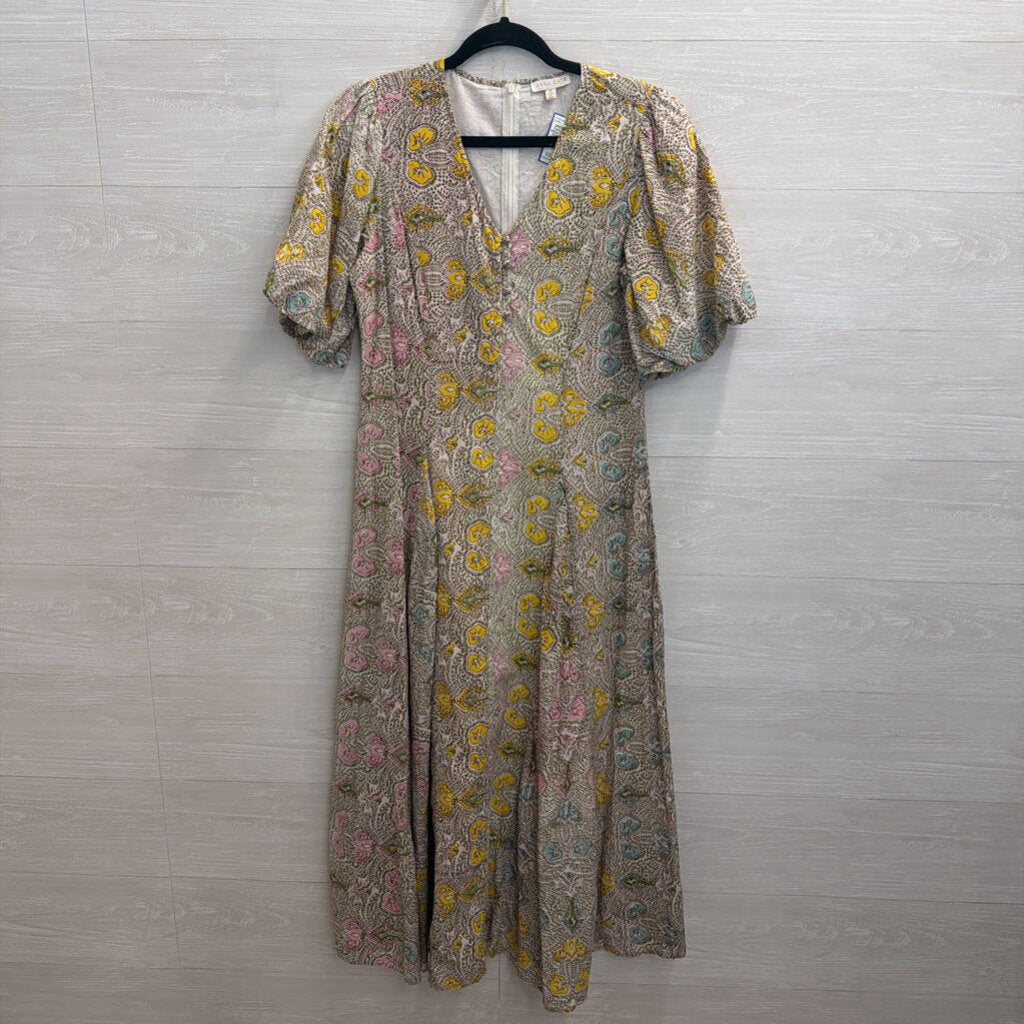 Anna Cate White/ Brown/ Multi Print Short Puff Sleeve Maxi Dress Extra Small