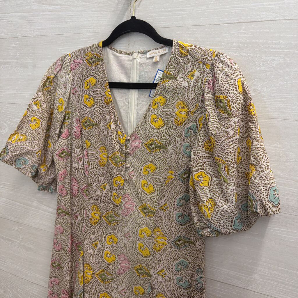 Anna Cate White/ Brown/ Multi Print Short Puff Sleeve Maxi Dress Extra Small