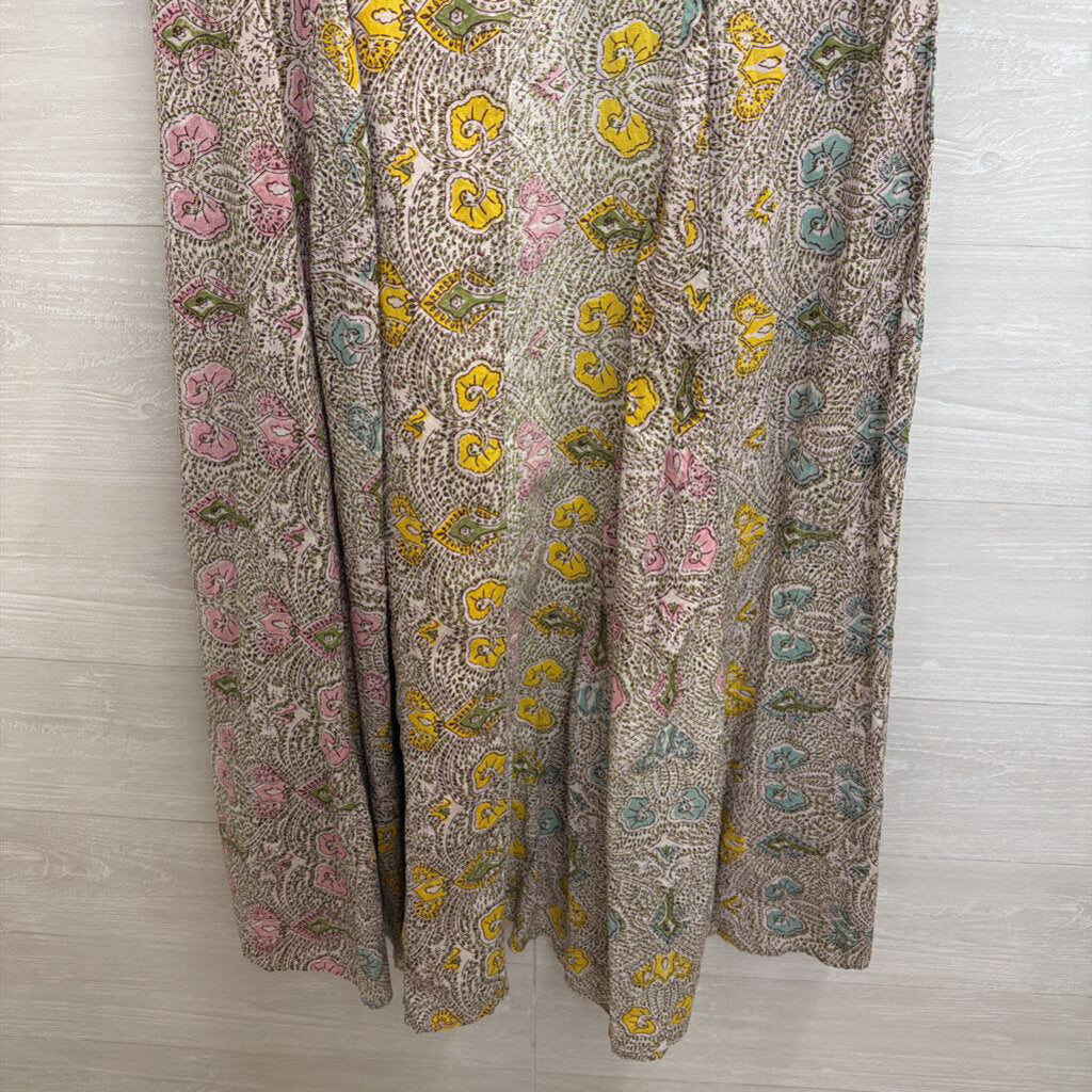 Anna Cate White/ Brown/ Multi Print Short Puff Sleeve Maxi Dress Extra Small