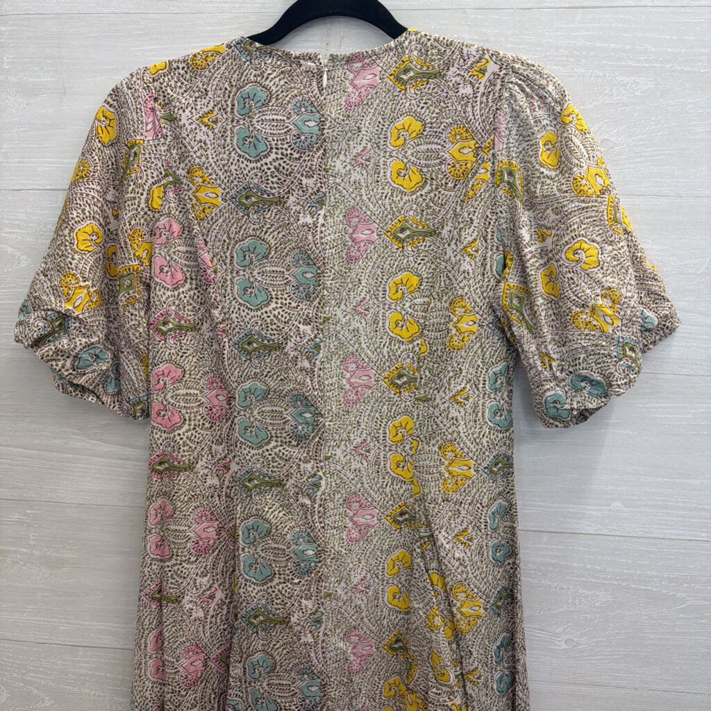 Anna Cate White/ Brown/ Multi Print Short Puff Sleeve Maxi Dress Extra Small