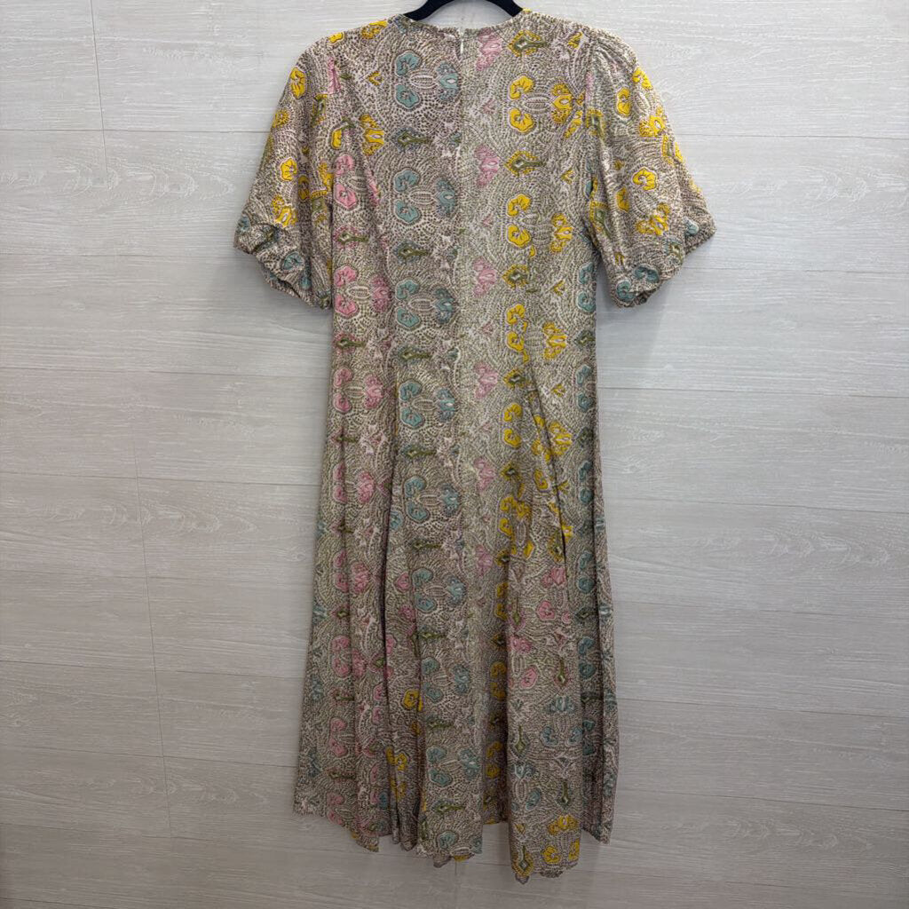 Anna Cate White/ Brown/ Multi Print Short Puff Sleeve Maxi Dress Extra Small