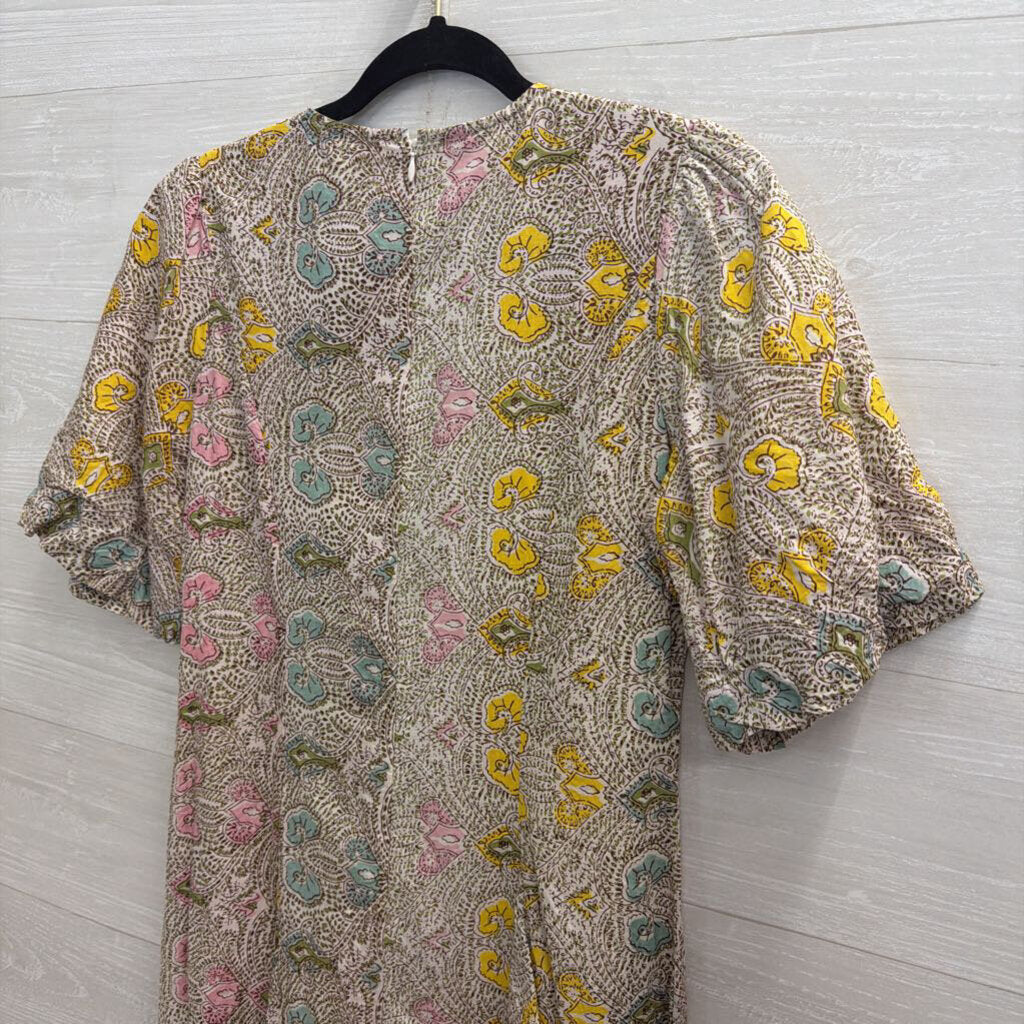 Anna Cate White/ Brown/ Multi Print Short Puff Sleeve Maxi Dress Extra Small