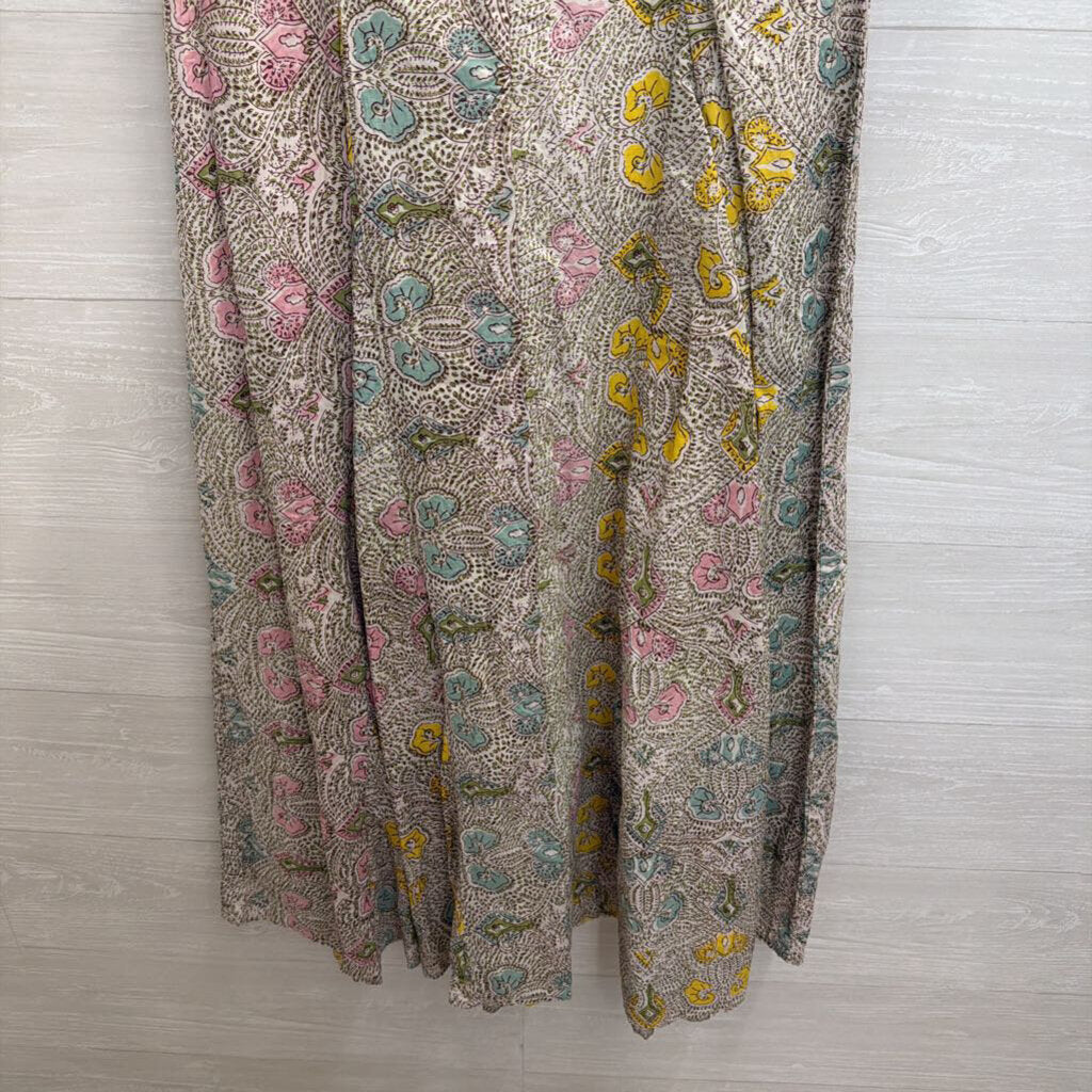 Anna Cate White/ Brown/ Multi Print Short Puff Sleeve Maxi Dress Extra Small