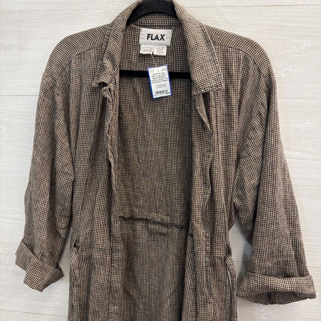 Flax 100% Linen Black/ Beige Gingham Duster Jacket Top Large