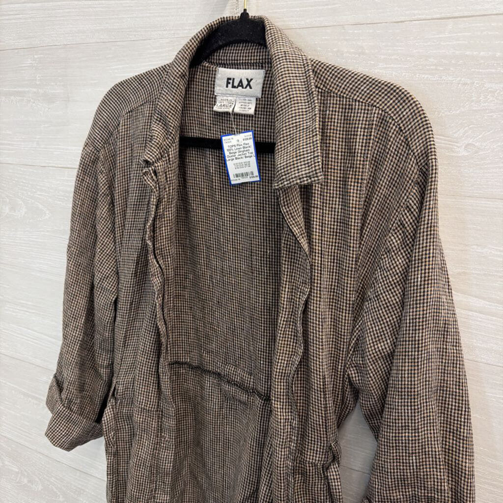 Flax 100% Linen Black/ Beige Gingham Duster Jacket Top Large