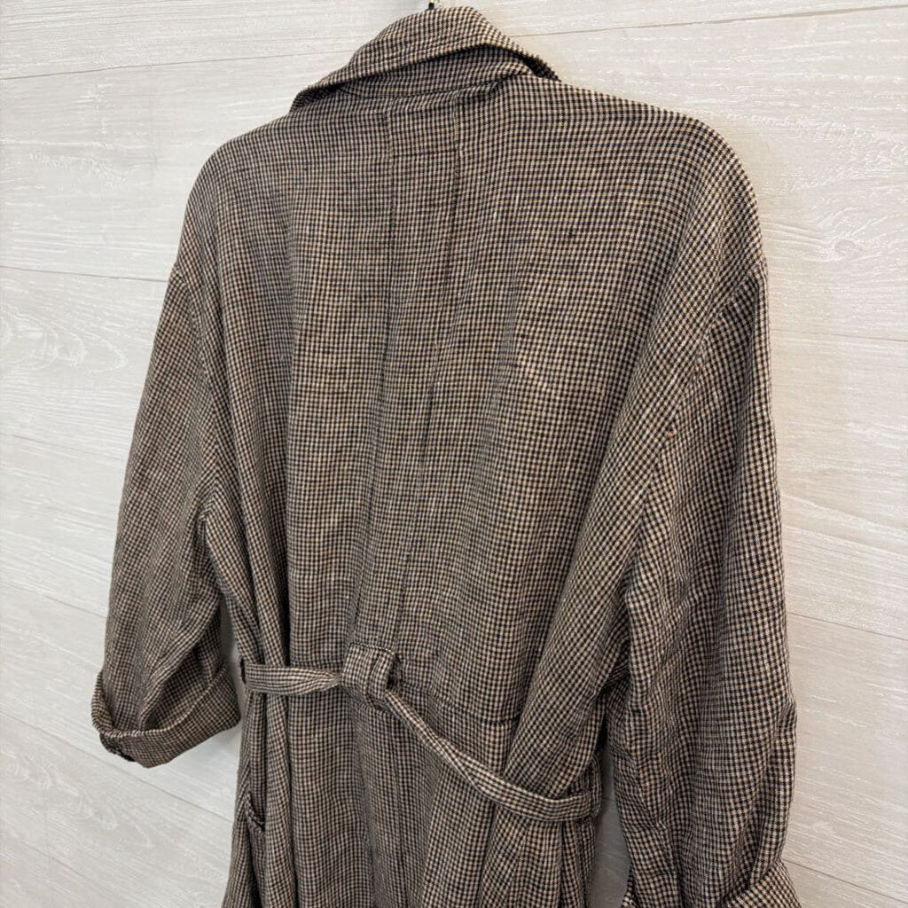 Flax 100% Linen Black/ Beige Gingham Duster Jacket Top Large