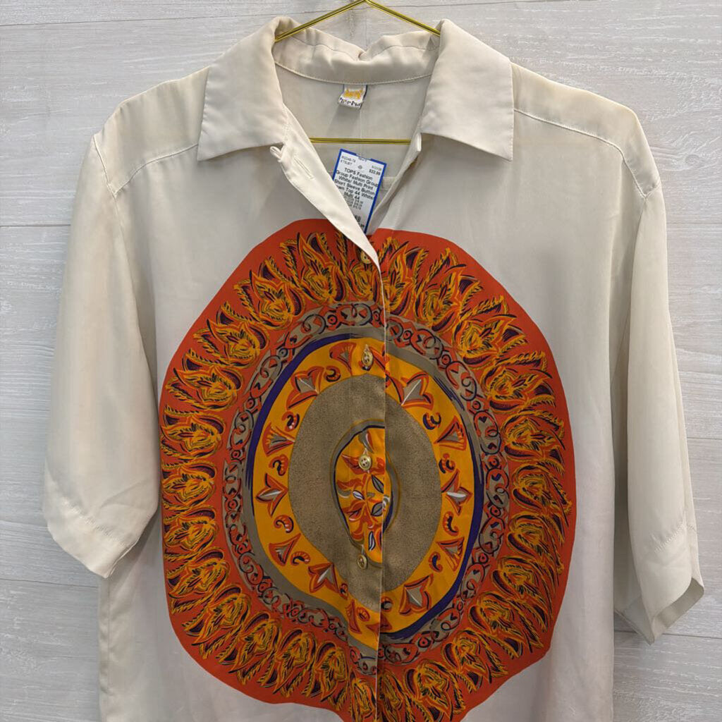 Fashion Group White/ Multi Print Short Sleeve Button Down Top 44