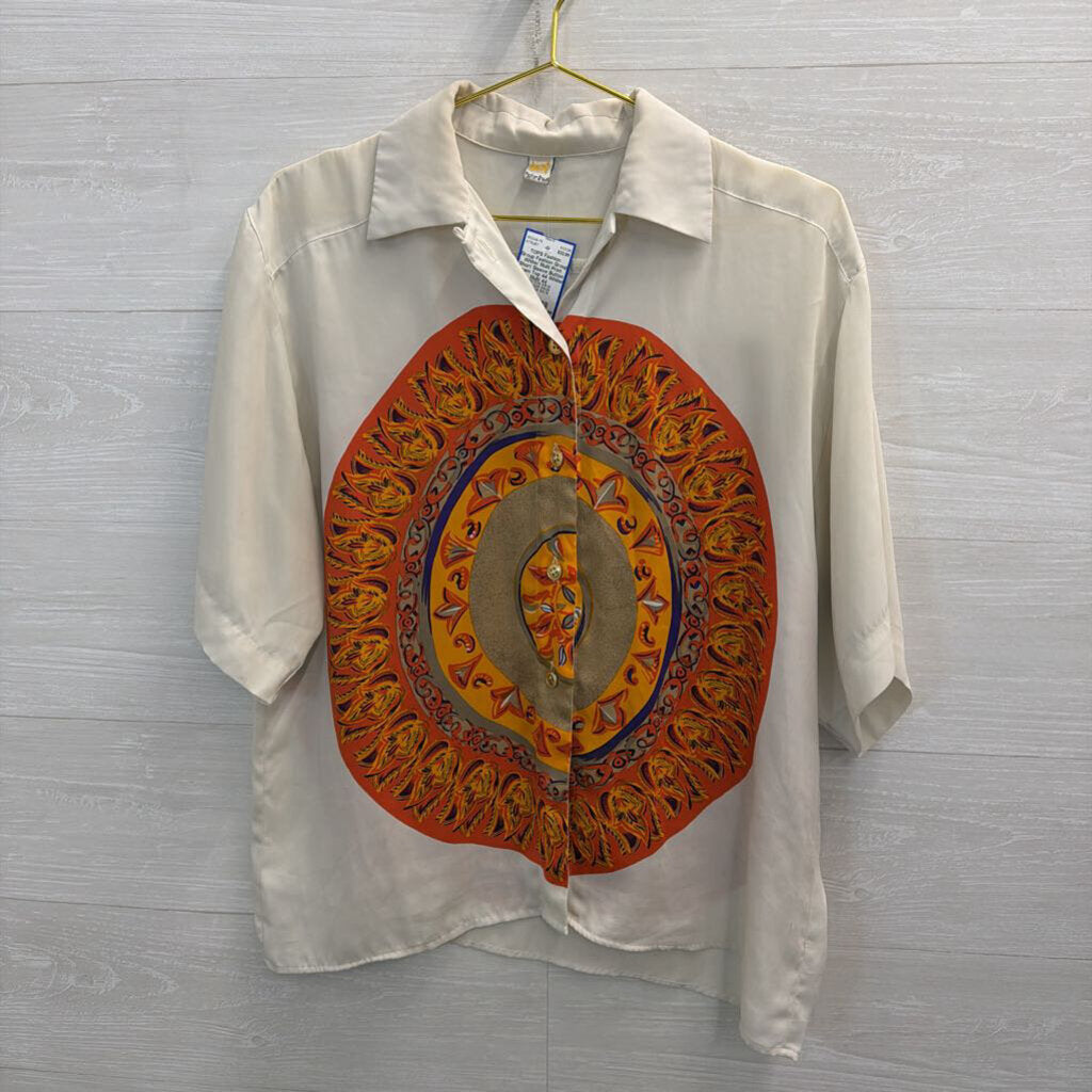 Fashion Group White/ Multi Print Short Sleeve Button Down Top 44