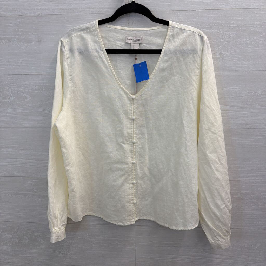 Laura Ashley Cream Linen Blend Long Sleeve Button Front Top Large