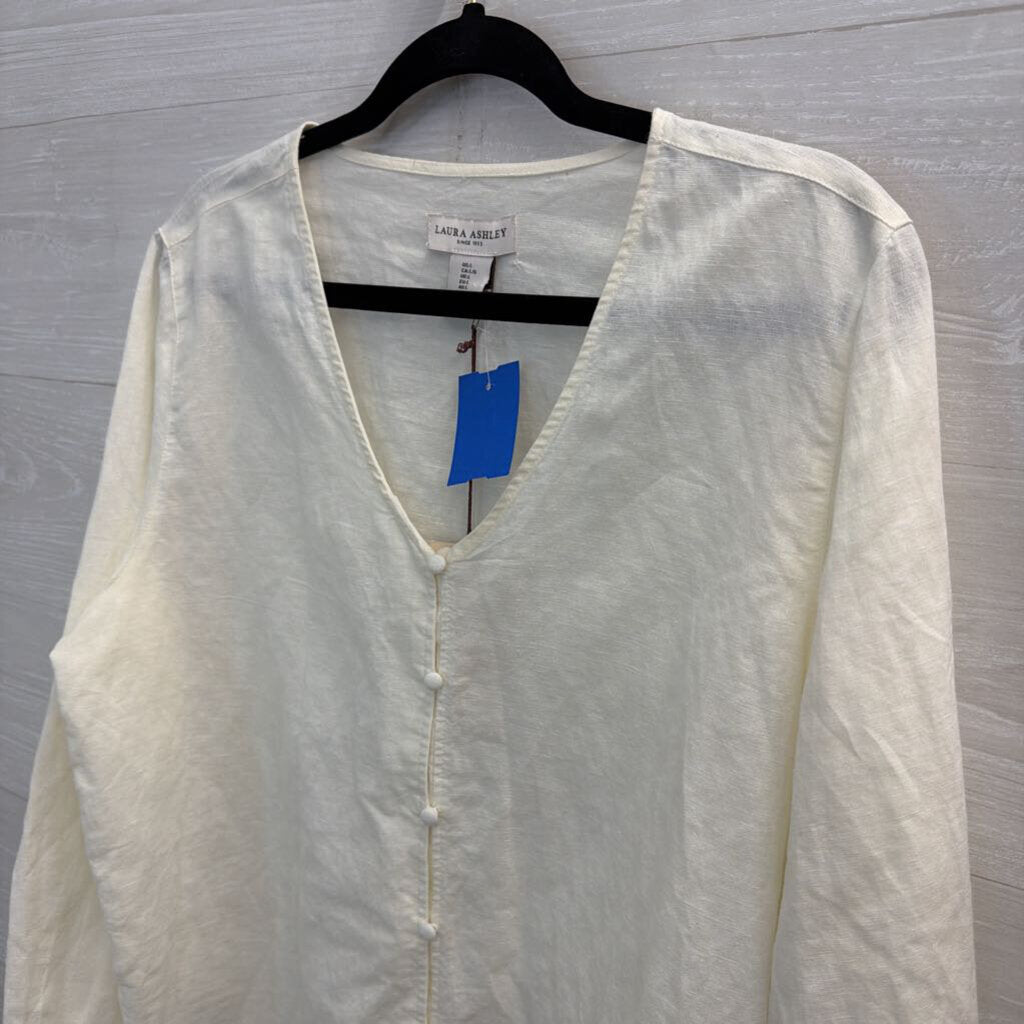 Laura Ashley Cream Linen Blend Long Sleeve Button Front Top Large