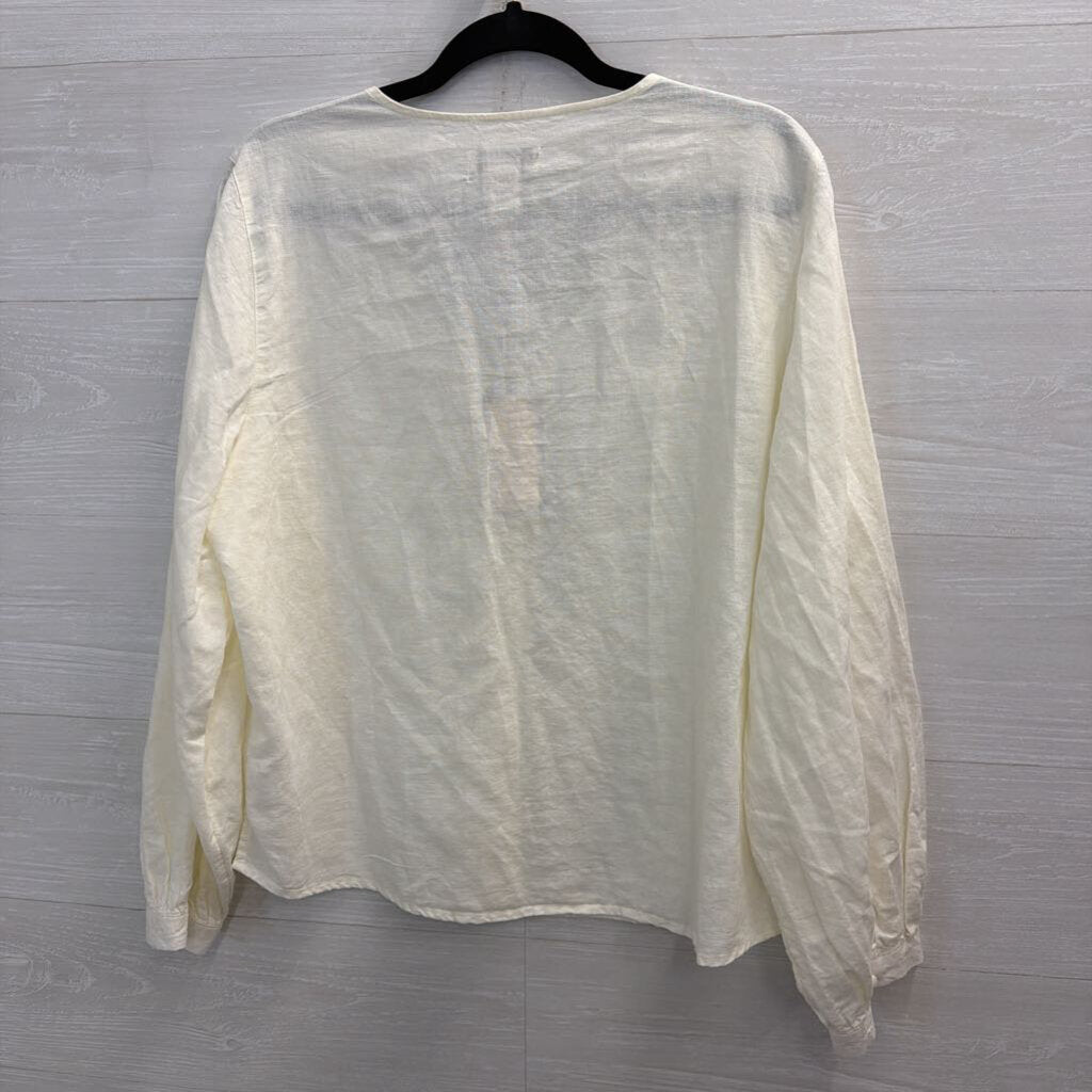 Laura Ashley Cream Linen Blend Long Sleeve Button Front Top Large