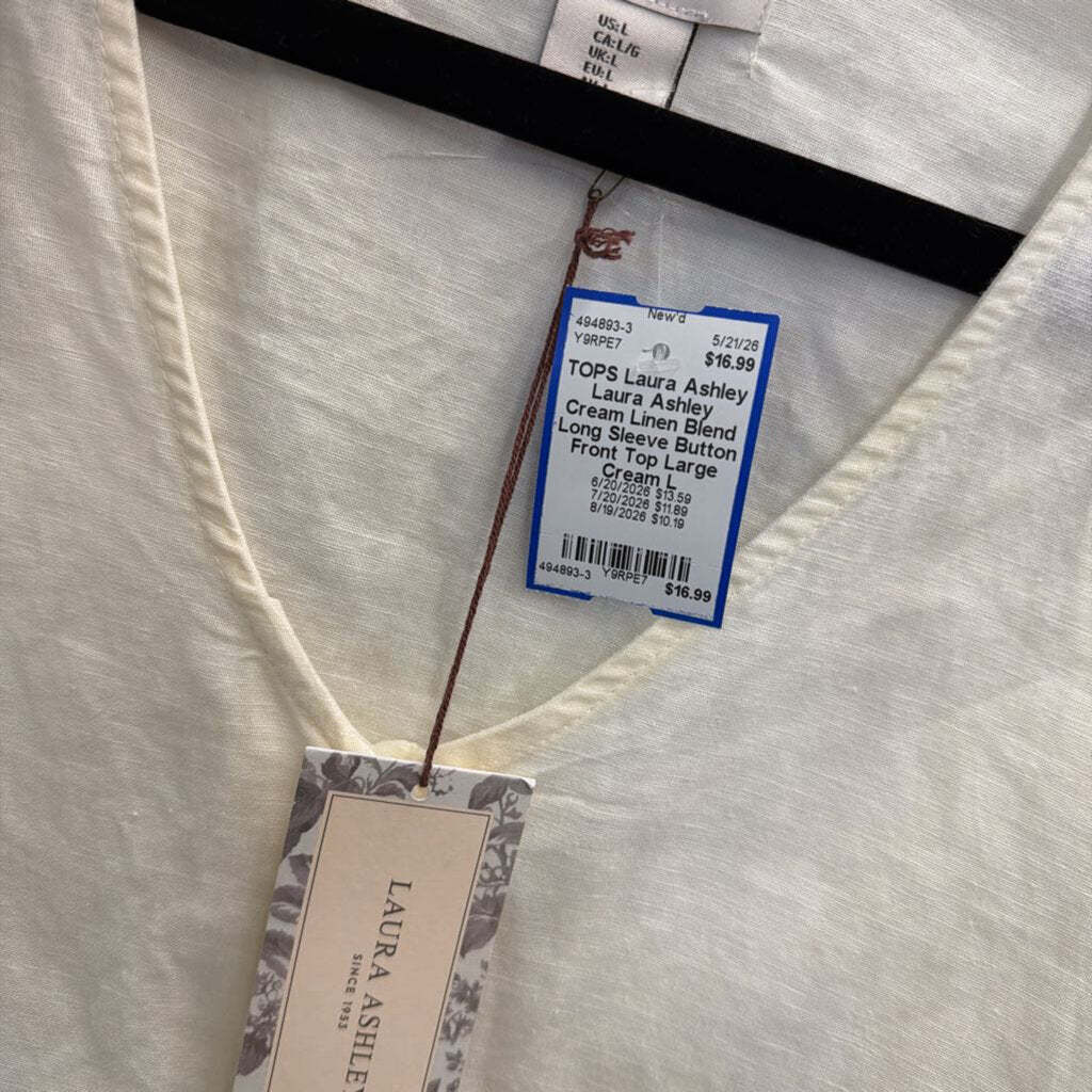 Laura Ashley Cream Linen Blend Long Sleeve Button Front Top Large