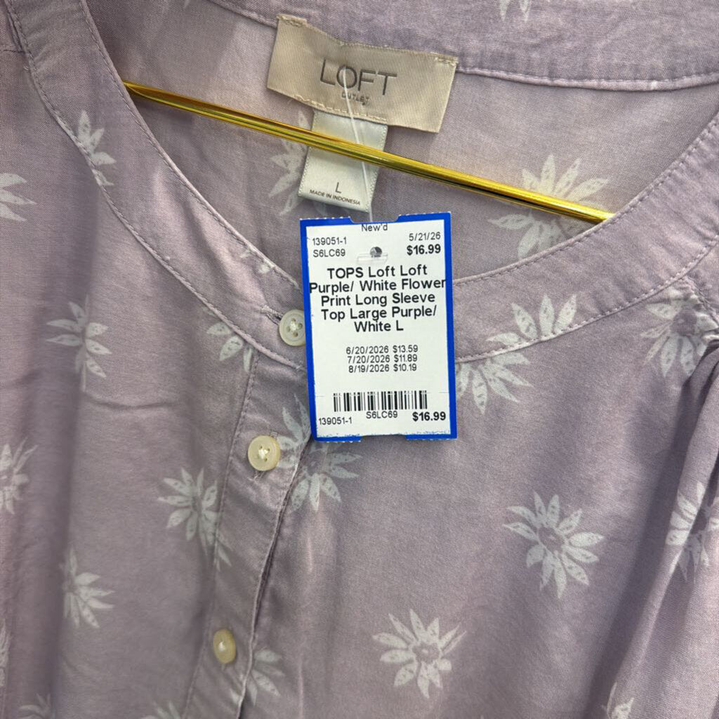 Loft Purple/ White Flower Print Long Sleeve Top Large