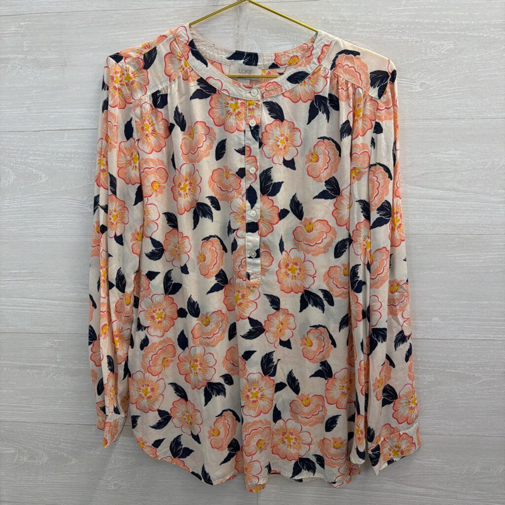 Loft White/ Pink Floral Print Long Sleeve Top Large