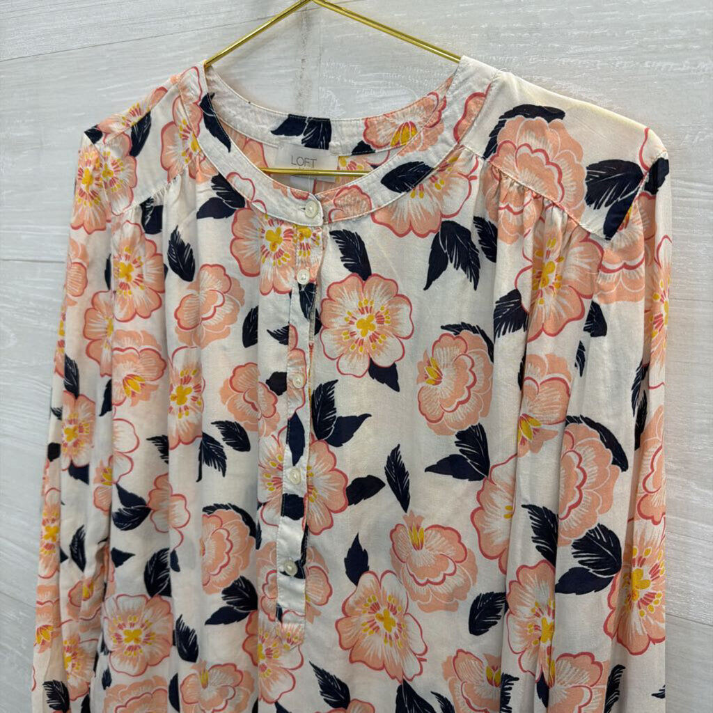 Loft White/ Pink Floral Print Long Sleeve Top Large