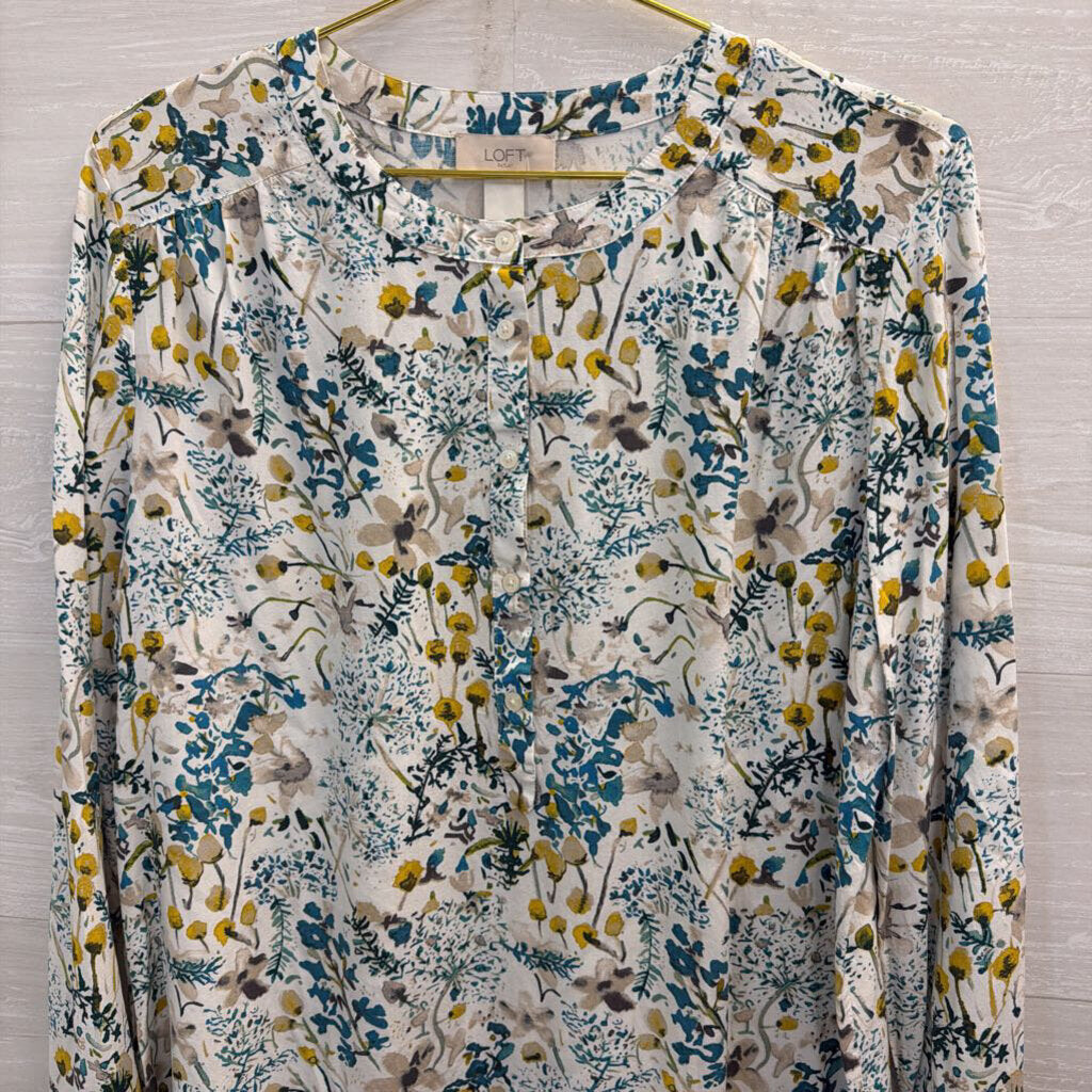 Loft White/ Blue Print Long Sleeve Top Large