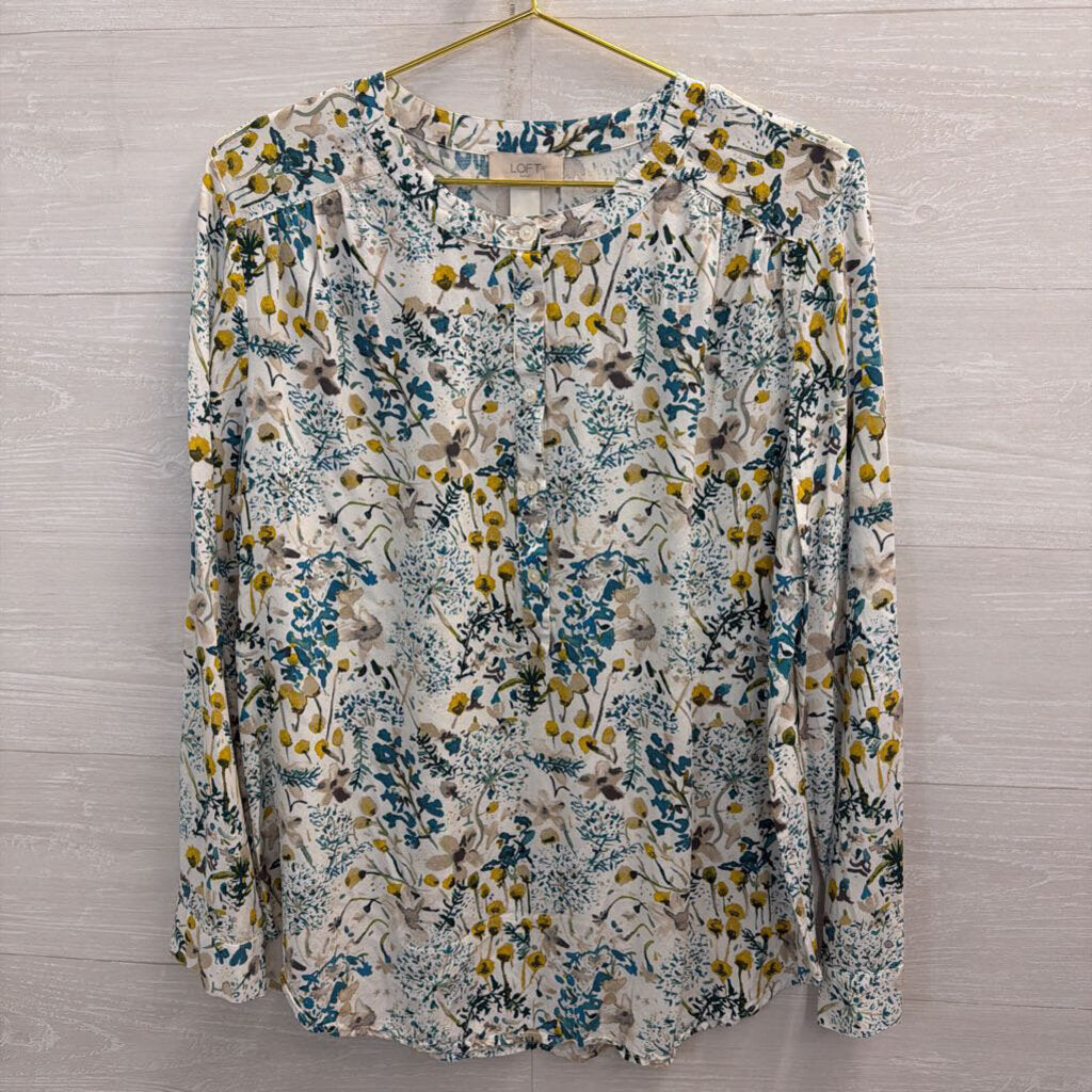 Loft White/ Blue Print Long Sleeve Top Large