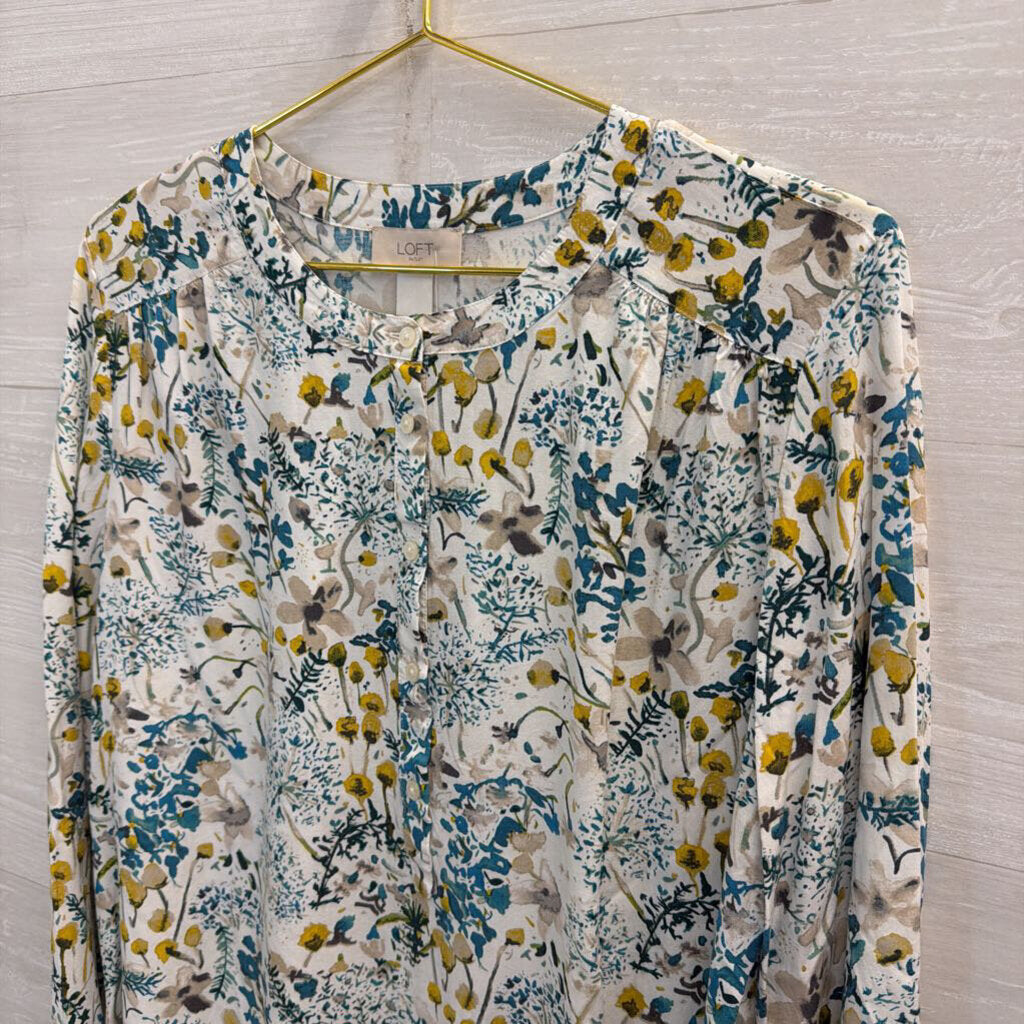 Loft White/ Blue Print Long Sleeve Top Large