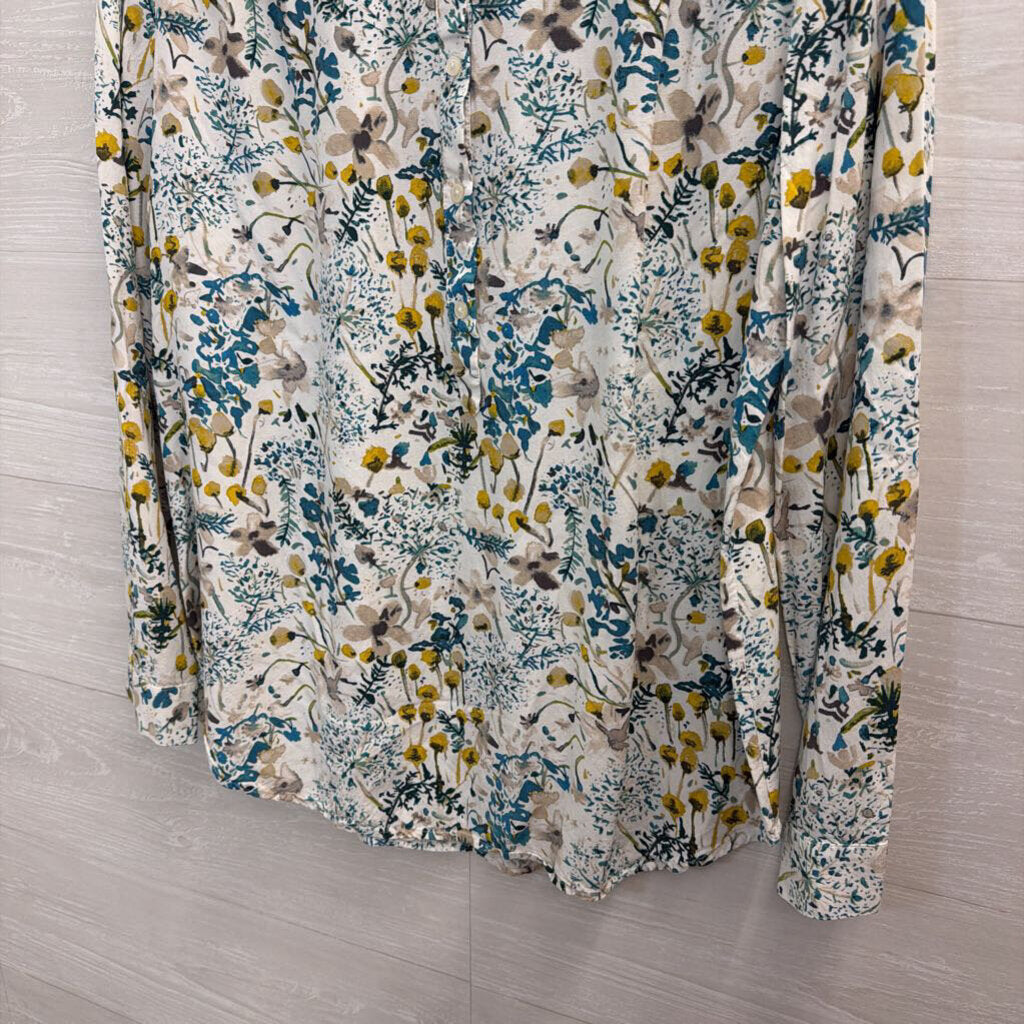 Loft White/ Blue Print Long Sleeve Top Large