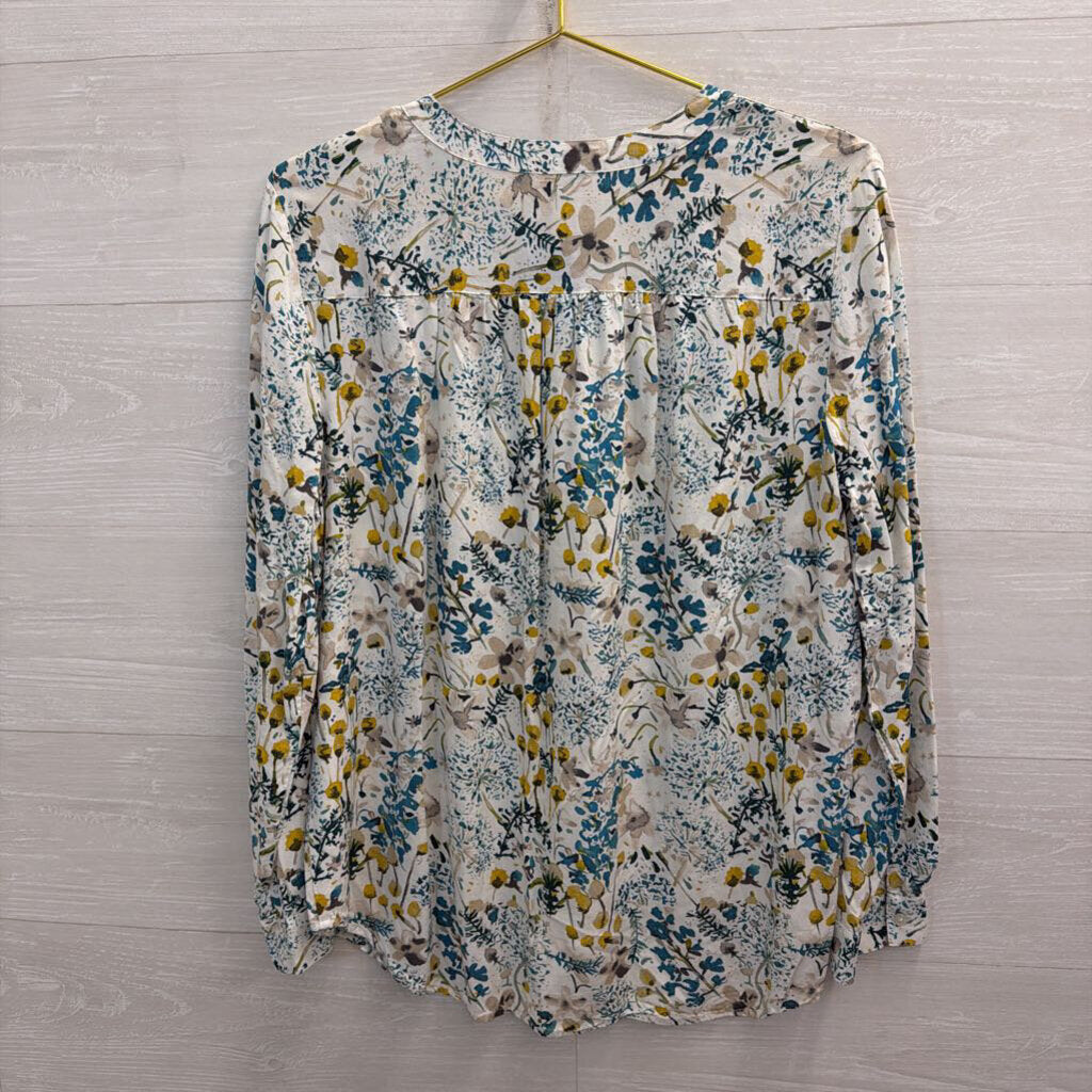 Loft White/ Blue Print Long Sleeve Top Large